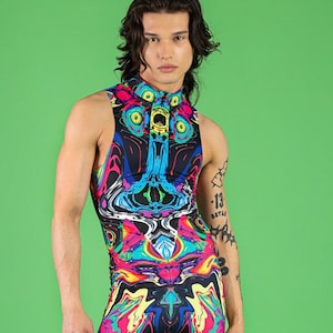 Costume senza maniche per uomo, tuta da rave arcobaleno per uomo, costume in spandex, costume aereo, costume intero per l&#39;orgoglio, costume da rave arcobaleno