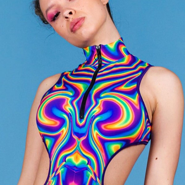 Rainbow Rave kostuum voor vrouwen, rave catsuit, knipsel bodysuit kostuum, trots jumpsuit, rave outfit, festival kleding, rave slijtage