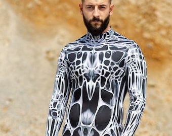 May include: A black and white patterned bodysuit with a high neck and long sleeves. The bodysuit has a textured, skeletal design.