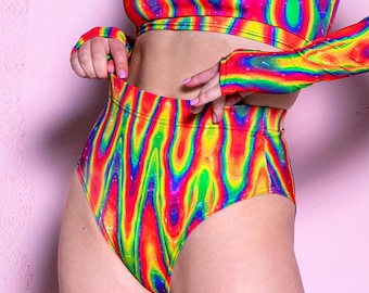 Pantaloncini sexy, pantaloncini da donna sfacciati, pantaloncini in spandex, pantaloncini Pride, abbigliamento da rave, abiti Pride, set di pantaloncini a vita alta arcobaleno, LGBTQ