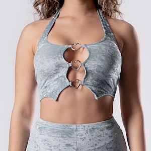 Lichtblauwe fluwelen top, Y2K-kleding, rave crop top, bijpassende 2-delige set, crop top vrouw, feestoutfits, fluwelen outfits, festivalkleding afbeelding 1