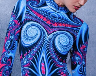 Psychedelic Rave Costume, blue festival catsuit, trippy rave catsuit, fractal bodysuit, blue rave clothes for women, Burning Man Outfit