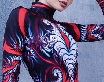 Costume da festival rosso fosforescente, completo da rave in un unico pezzo, tuta attillata, abbigliamento da rave da donna, costume da festival con tuta attillata femminile, abito da festival