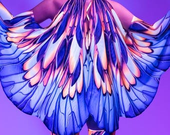 Accessorio per rave a farfalla in arancione e blu, ali di falena, ali di farfalla per cosplay, ali di fata, abbigliamento da festival, abito da fata per rave da donna