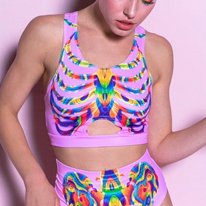 Pink Crop Top, Skeleton Bra Top, Sexy Crop Top, Cut Out Crop Top, Rainbow Bra Top, Pride Clothing, Festival Outfits, Matching 2 Piece Set