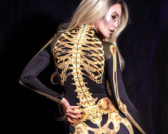 Costume da scheletro per adulti, costume sexy di Halloween per donne, costume da cosplay, tuta da scheletro, tuta da scheletro dorata, costume da duro