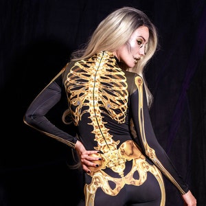 Adult Skeleton Costume, Sexy Halloween Costume for Women, cosplay costume, skeleton jumpsuit, gold skeleton catsuit, badass costume