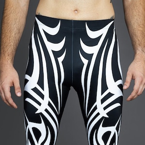 Herren Leggings, Tribal Leggings, schwarz-weiße Leggings für Männer, Burning Man Outfits, Rave-Outfits, Festival Leggings in Übergröße