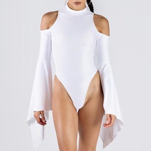 White Bell Sleeve Bodysuit, Cold Shoulder Bodysuit, Burning Man Festival Outfit, Desert Rave Outfits, White Rave Bodysuit, Festival Clothing