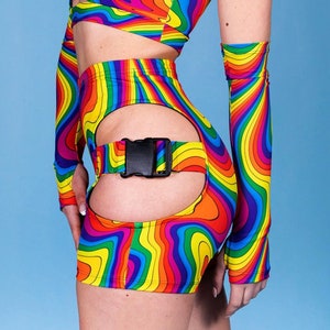 Rainbow Cut Out Biker Shorts, pride rave shorts, rave outfit for women, festival high waisted shorts, buckle up shorts shorts, rave wear