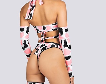 Cow Print Rave Outfit - Women's Thong Bikini