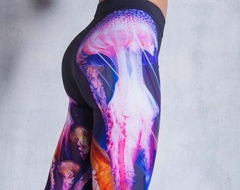 Jellyfish Leggings, Japanese leggings for women, high waisted yoga leggings, festival clothing, kawaii clothing, plus size leggings