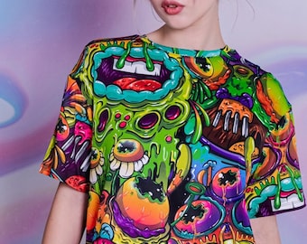 Funny Alien Graphic Tee, colorful cartoon tshirt, polyester t shirt dress, oversized summer t shirt dress, drippy tee, t shirt for women