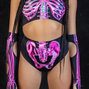 Pink Skeleton Booty Shorts, Halloween High Waisted Shorts, Rave Shorts for Women, Rave Halloween Costume, Rave Bottom, Halloween Rave Wear