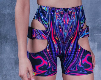 Shorts de ciclista con cortes, shorts líquidos para rave, outfit para rave para mujer, shorts de cintura alta para festival, shorts con hebillas, shorts de spandex, ropa para rave