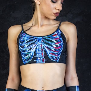 Blue Skeleton Cami Crop Top, Skeleton Spaghetti Strap Crop Top, Halloween Rave Top, Skeleton Rave Outfit for Women, Halloween Rave Wear
