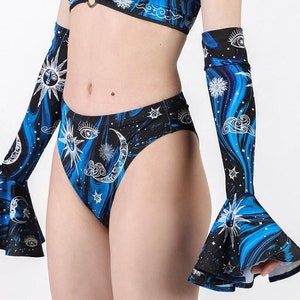 Blue & Black Booty Shorts, celestial spandex shorts, cheeky rave shorts set for women, rave wear, goth rave outfits, festival clothing