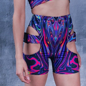 Cut Out Biker Shorts, liquid rave shorts, rave outfit for women, festival high waisted shorts, buckle shorts, spandex shorts, rave clothes