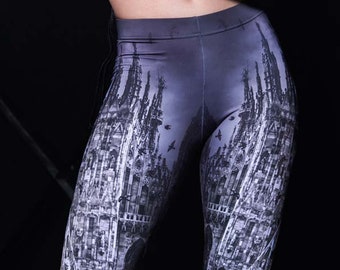 Cathedral Gothic Leggings, printed yoga leggings, witch clothing, goth clothing, high waisted leggings, plus size leggings women, Halloween