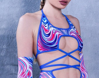 Blue Cutout Top, wrap around bra top, rave top for women with tie, rave outfit, Burning Man outfit women, rave shorts set, rave arm warmers