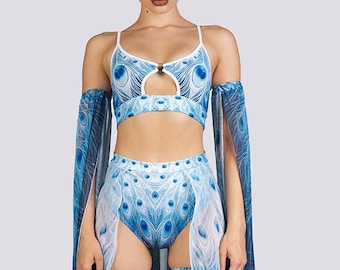 Light Blue Peacock Open Mesh Maxi Skirt - Festival Two Piece Set