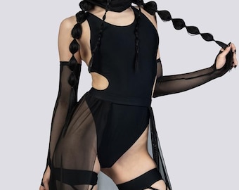 Black High Cut Bodysuit -  Techno Rave Outfit