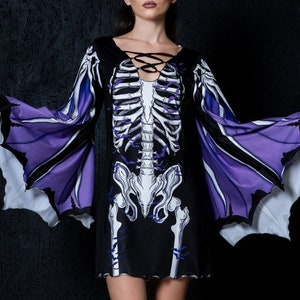 Bat Dress, Halloween Dress, Skeleton Dress, Flare Sleeve Dress, Lace Up Dress, Halloween Costume Women, Adult Halloween Costume, Goth Dress