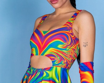 Cut Out Skater Dress, rainbow skater dress, pride circle dress, rave skater dress, pride outfit, short open back dress, rainbow rave outfit