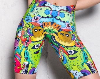Rave Shorts, Biker Shorts for women, festival shorts, green high waisted shorts, plus size shorts, rave outfit, rave wear, festival clothing