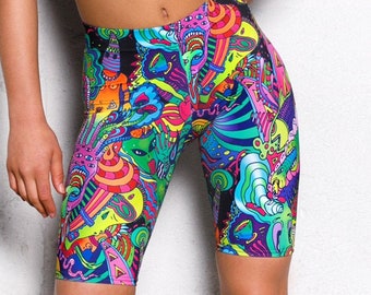 Psychedelic Shorts, Rave Outfit, biker shorts, women high waisted shorts, printed shorts, rave shorts, festival shorts, rave gear, rave set
