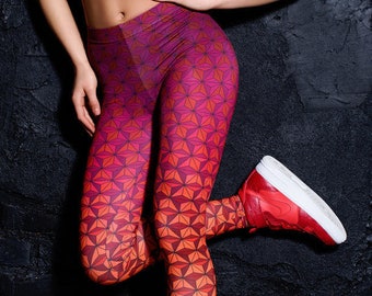 Printed Leggings, festival leggings, spandex geometric leggings, red yoga leggings, rave clothing, rave outfit, cute lycra leggings