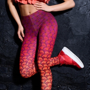 Printed Leggings, festival leggings, spandex geometric leggings, red yoga leggings, rave clothing, rave outfit, cute high waisted leggings
