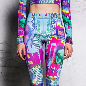 Festival Leggings for Women, rave clothing, blue yoga leggings, trippy printed leggings, rave outfit for Burning Man, festival two piece set