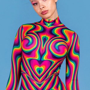 Rave Costume with Front Zip, pink one piece bodysuit, rave jumpsuit, full body costume for women, aerial costume, rainbow rave outfit image 1