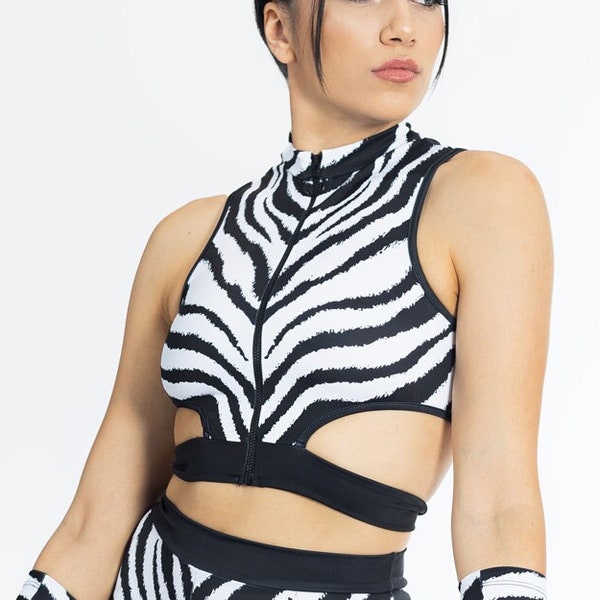 Zebra Cutout Crop Top, zabra print crop top, zip up crop top, animal co-ord shorts set, rave clothes, Burning Man outfits, festival outfits