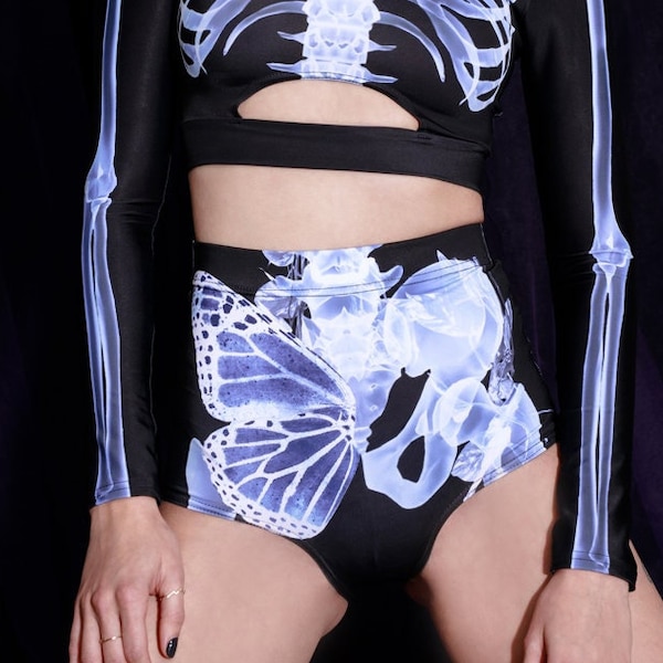 Skeleton Booty Shorts, High Waisted Shorts, Sexy Halloween Costume, festival shorts, Pole Dance Wear, Rave Outfit, Rave Set, Aerial Costume