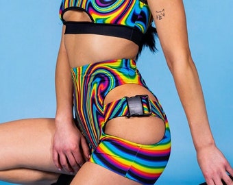 Rainbow Cut Out Biker Shorts, pride rave shorts, rave outfit for women, festival high waisted shorts, buckle up shorts shorts, rave wear