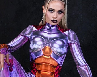 Disfraz de robot rosa, disfraz de Halloween para adultos, disfraz de cyborg de pareja para adultos, disfraz de cosplay, body de robot, disfraces de anime, reactivo uv