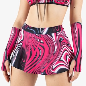 Psychedelic Rave Mini Skirt, pink and black high rise shorts skirt, 2 piece skirt set, rave outfit, printed rave bottom, micro mini skirt