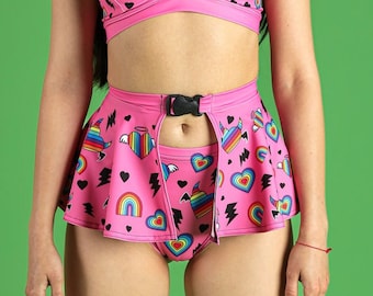 Pink Booty Shorts & Micro Mini Skirt with Rainbow Print Elements, rave bottoms, high rise shorts skirt, two-piece skirt set, rave outfit