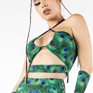 Top curto com recorte de pavão, top de spandex estampado, top curto com estampa de animal, conjunto de calças de animal, roupas para rave, roupa com estampa de animal, roupas para festival