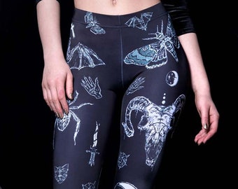 Gothic Leggings, skull leggings, Moon leggings with spider, printed leggings for women, goth clothing, witchy clothing, goth leggings