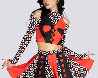 Halloween Rave Outfit - Queen of Cards Cold Shoulder Crop Top in Black & Red