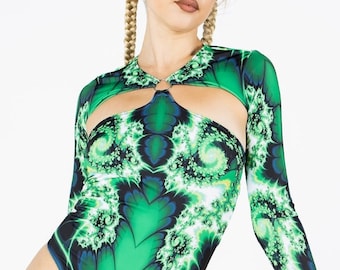Conjuntos verdes para rave, mono psicodélico de manga larga, malla con aberturas, ropa rave, mono psicodélico para rave, ropa rave para mujer