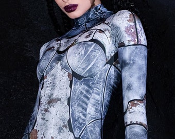 Kostium robota dla dorosłych, szary kostium cyborga na Halloween dla kobiet, kostium cosplay, odzież cyberpunkowa, cybermoda, body robota science fiction