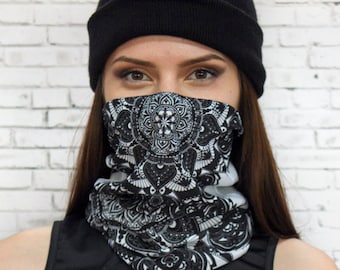 Black Mandala Neck Gaiter, yoga neck gaiter, bandana neck gaiter for men, women cooling neck gaiter, buff neck gaiter, fleece neck gaiter