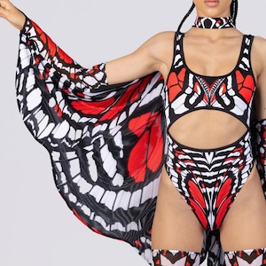 Butterfly Rave Wings Accessories in Red & Black n White, Fairy Mesh Wings, Matching Set, Festival Set, Fairy Rave Outfit, Festival Clothing