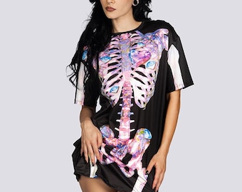 Diamonds Skeleton Halloween Costume - Pink & Black Oversized Tee Dress