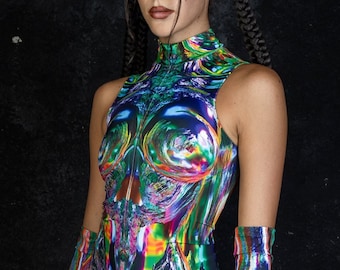 Ärmelloser Cyber-Body, Halloween-Rave-Body, Science-Fiction-Body mit Reißverschluss vorne, Halloween-Rave-Outfit, Rave-Wear, futuristisches Einteiler