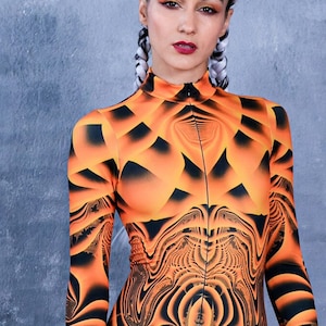 Orange Psychedelic Costume, optical illusion catsuit, aerial costume, rave bodysuit costume, one piece rave outfit, festival clothing women